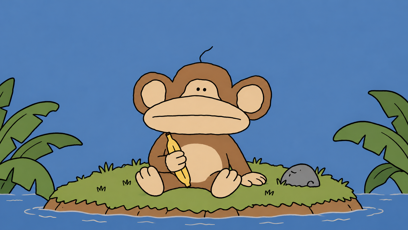 MONKO sitting on his little island with a banana